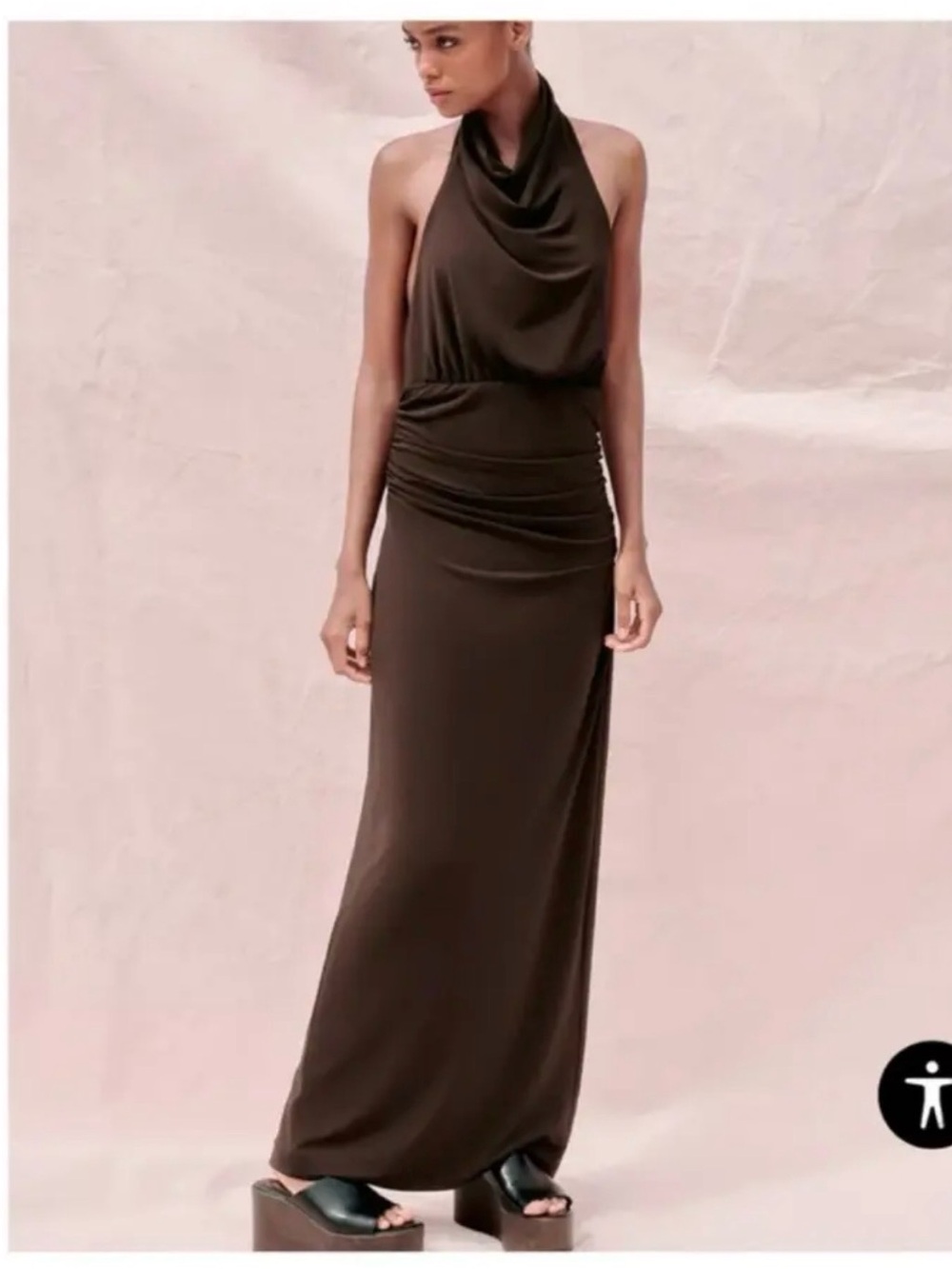 Zara Brown Halter Maxi Dress with Draped Cowl Neck